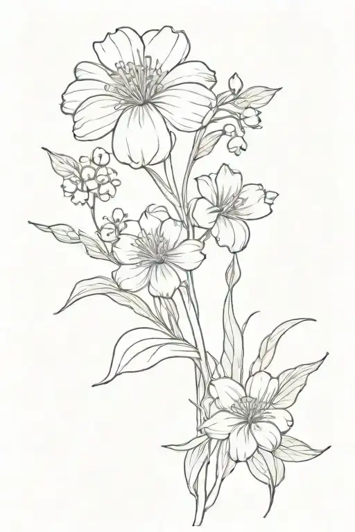 Super minimalist fine line flower bouquet with one violet,one daisy, one lily of the valley, one larkspur,one marigold,  tattoo design idea