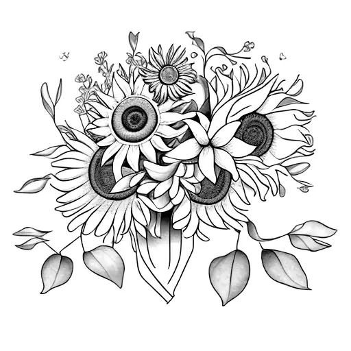 A bouquet of sunflowers, magnolias, and bluebonnets wrapped with a ribbon that says 'Forever Grateful' tattoo design idea