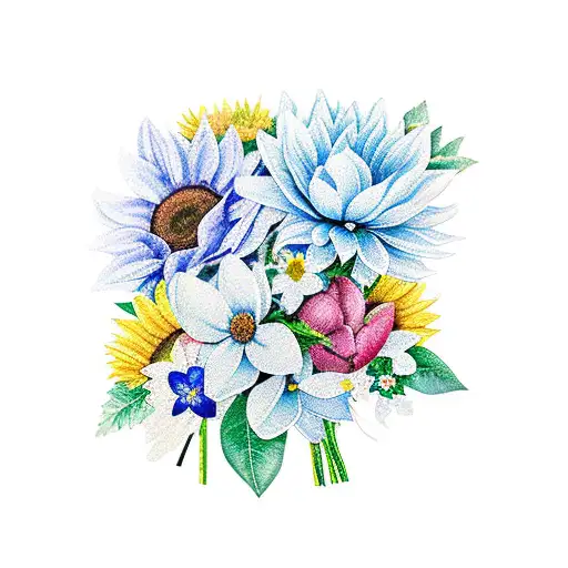 A bouquet of sunflowers, magnolias, and bluebonnets wrapped with a ribbon that says 'Forever Grateful' tattoo design idea