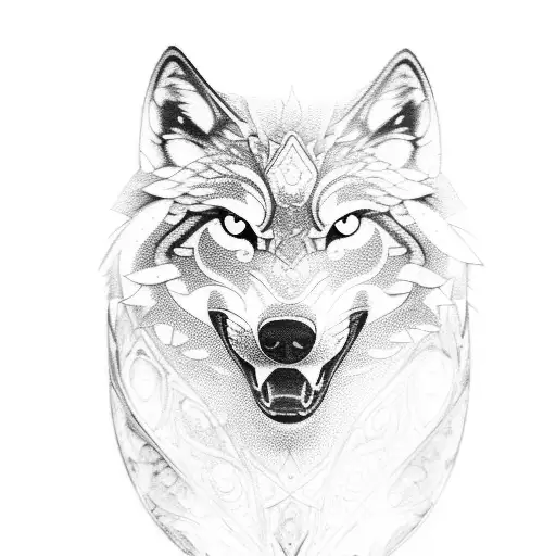A fierce wolf with intricate patterns within its fur, embodying the strength and resilience found in both the wolf and surfers tattoo design idea
