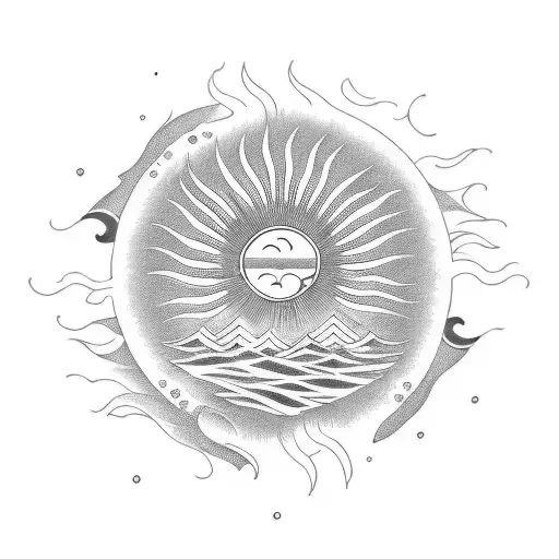 A mesmerizing wave with a sun rising over it, representing the love for surfing and the warmth of the sun tattoo design idea