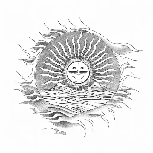 A mesmerizing wave with a sun rising over it, representing the love for surfing and the warmth of the sun tattoo design idea