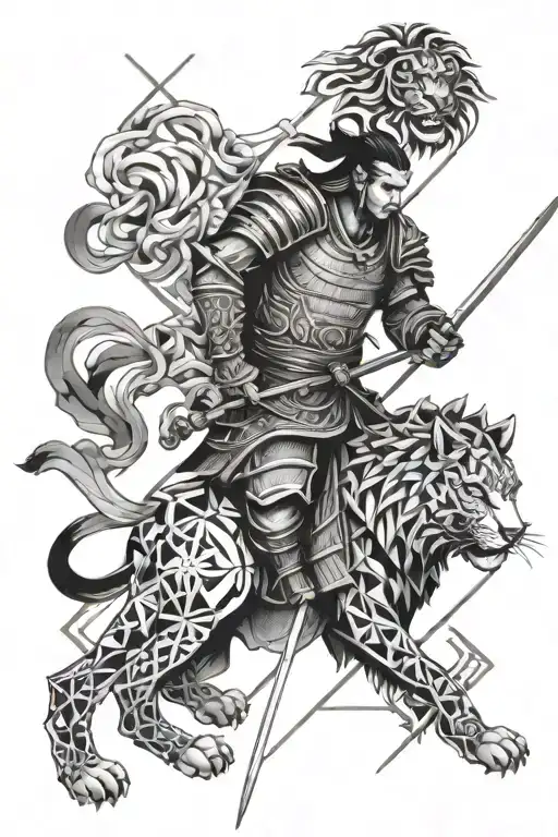 samurai warrior and lion tattoo design idea