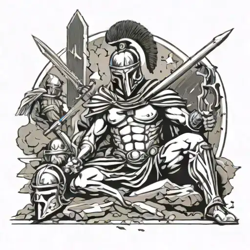 Spartan warrior in a stoic pose, surrounded by fallen enemies on the battlefield tattoo design idea