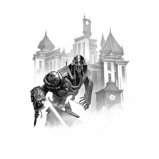 dishonored corvo with dishonored buildings in bacground. full sleeve tattoo design idea