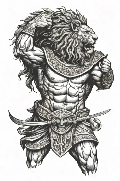 an ancient greek warrior with a lion  tattoo design idea