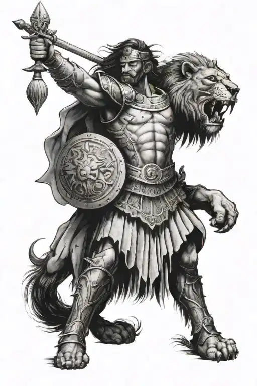 A shoulder tattoo of an ancient greek warrior standing in full armor with a lion standing next to him.  tattoo design idea