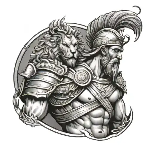 A shoulder tattoo of a greek warrior standing in full armor, and a lion next to him.  tattoo design idea
