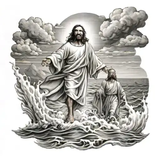 Jesus walking on water with Simon in storm clouds tattoo design idea