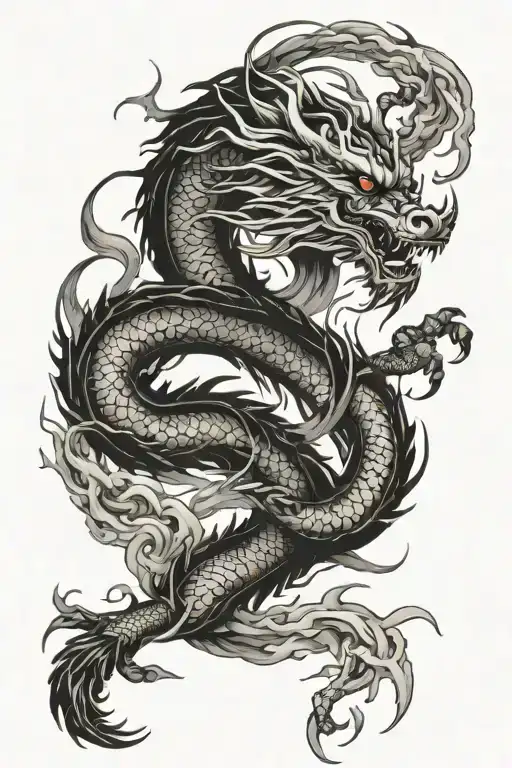 Japanese dragon emerging from a fire whirlwind tattoo design idea