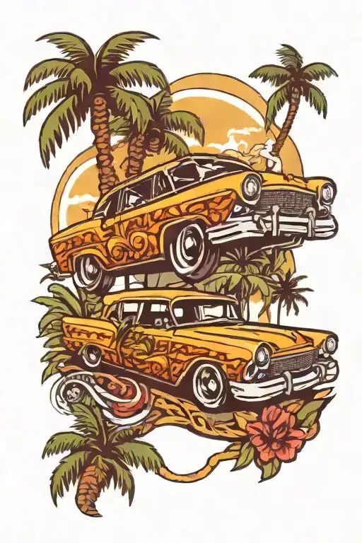 Lowrider and palm trees tattoo design idea