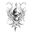 dark fantasy, sword going through skull, vines tattoo design idea