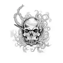 dark fantasy, sword going through skull, vines tattoo design idea