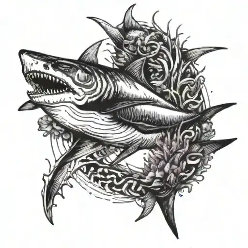 A majestic shark swimming in the deep ocean waters, surrounded by a school of tunas and his two mermaid daughters tattoo design idea