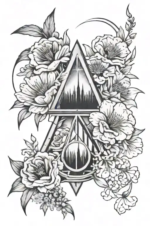 Harry Potter deathly hallows with aster, gladiolus, poppies and morning glory tattoo design idea