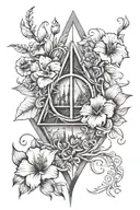 Harry Potter deathly hallows with aster, gladiolus, poppies and morning glory tattoo design idea