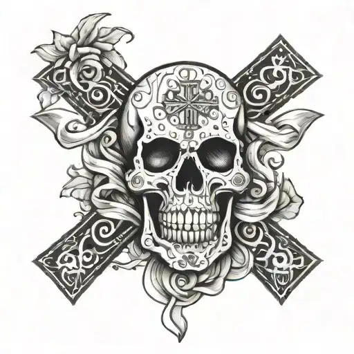 A cross intertwined with a cancer ribbon, with a sugar skull in the background tattoo design idea