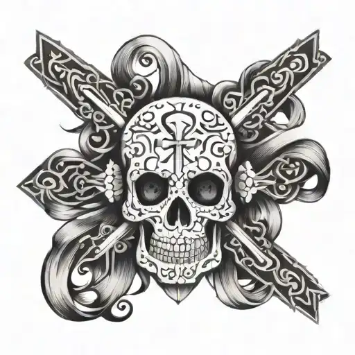 A cross intertwined with a cancer ribbon, with a sugar skull in the background tattoo design idea