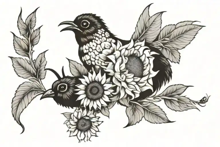 2 black sheep, sunflower, humming bird, bee tattoo design idea