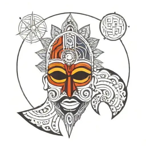 An African tribal mask with a celestial background, incorporating elements of astrology and classical music tattoo design idea