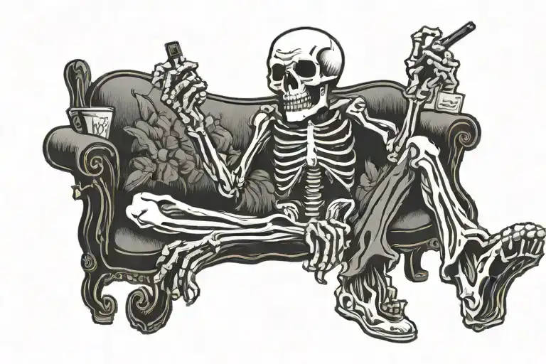 A humorous skeleton smoking a joint with the words 'Lonely Stoner' in a sad font tattoo design idea