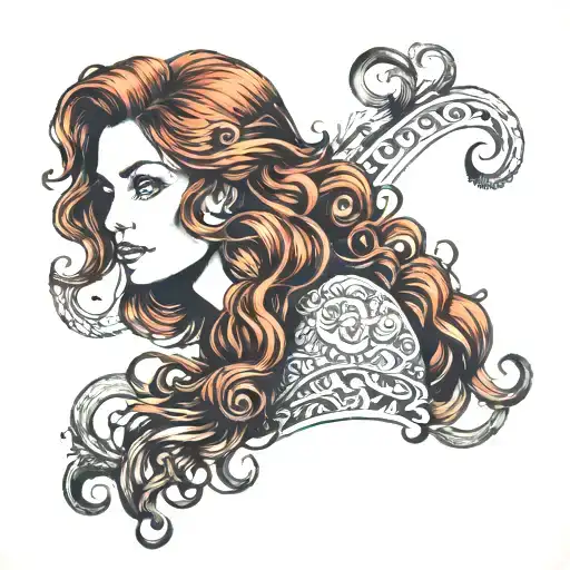 long curly red hair tattoo design idea