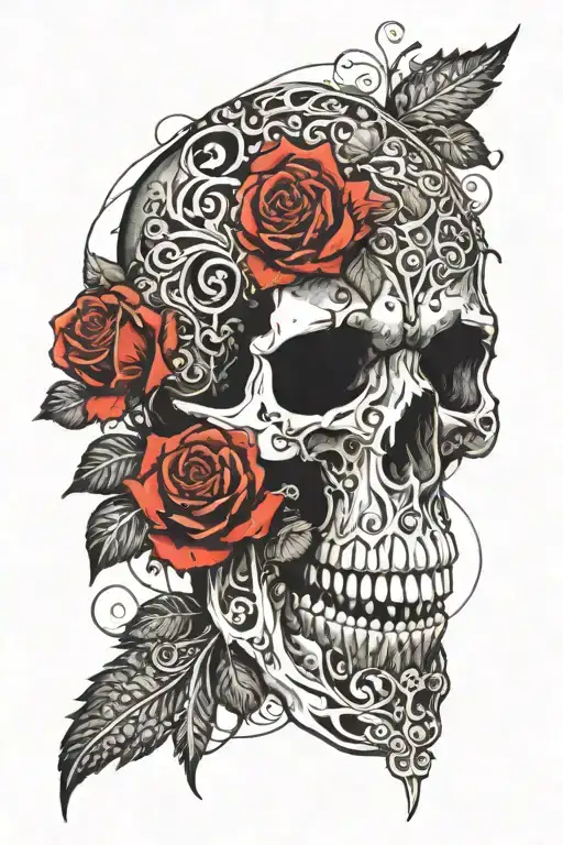 A highly detailed skull with ornate Gothic filigree and dark roses intertwined. The design features intricate line work  tattoo design idea