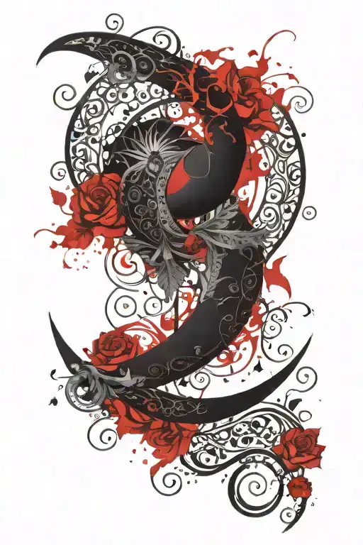  A crescent moon with Gothic filigree and dark stars. The design is detailed with intricate patterns and shading. tattoo design idea