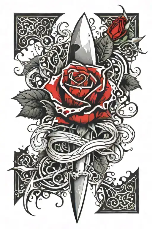 A dagger piercing a dark rose, with Gothic vines and thorns wrapping around it. The design features detailed shading and tattoo design idea