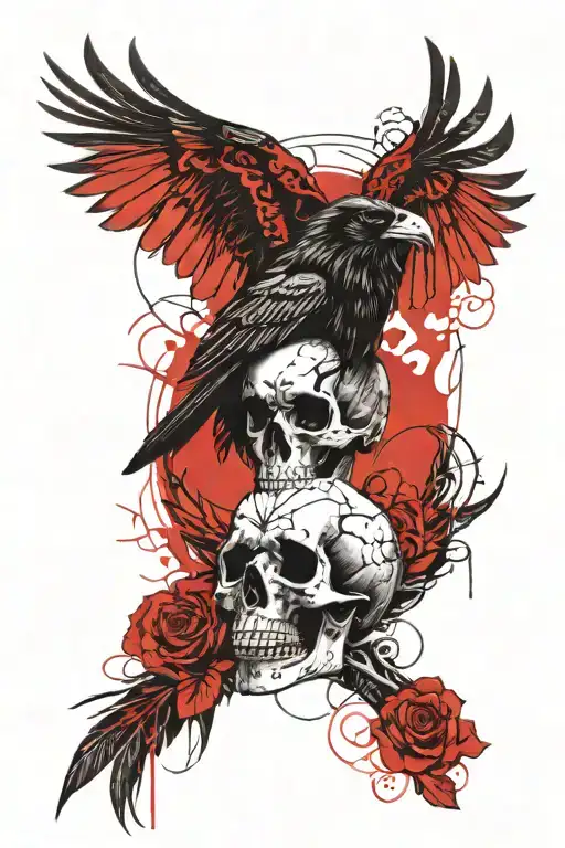 A raven perched on a skull with intricate line work, and Gothic patterns woven into the feathers and skull. tattoo design idea
