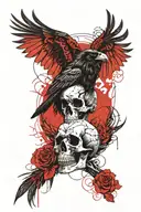 A raven perched on a skull with intricate line work, and Gothic patterns woven into the feathers and skull. tattoo design idea