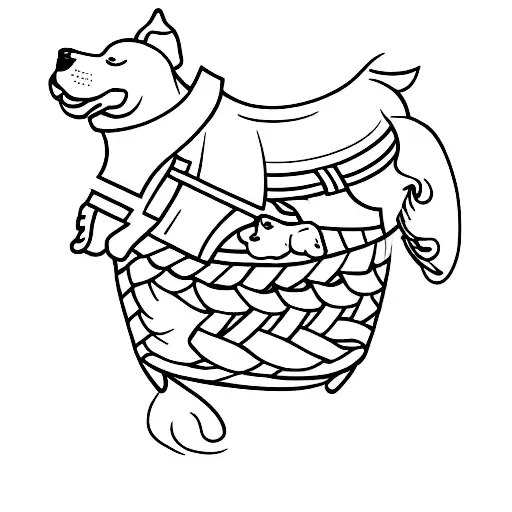 A minimalist tattoo of a dog carrying a basket filled with industrial design sketches tattoo design idea