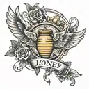 The name "Honey" with angel wings on either side and a halo on top tattoo design idea