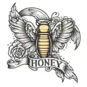 The name "Honey" with angel wings on either side and a halo on top tattoo design idea