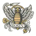 The name "Honey" with angel wings on either side and a halo on top tattoo design idea
