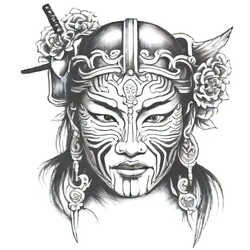 samurai mask w woman's face  tattoo design idea