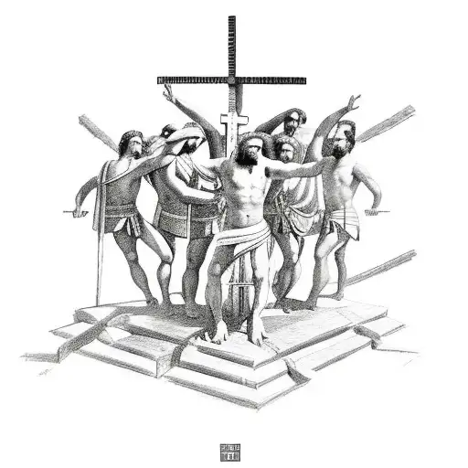 antike Greek wrestlers in front of a cross surrounded with parkour symbols  tattoo design idea