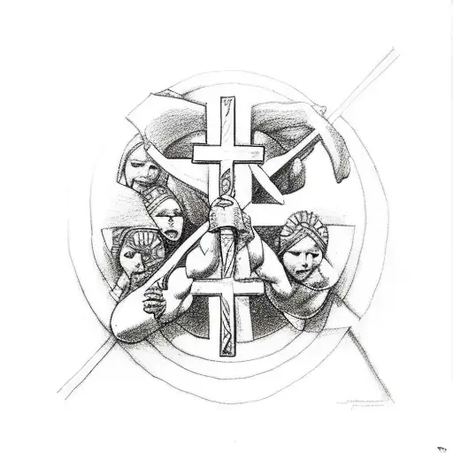 antike Gretel wrestlers in front of a cross surrounded with parkour symbols  tattoo design idea