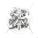 antike Gretel wrestlers in front of a cross surrounded with parkour symbols  tattoo design idea
