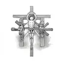 antike Gretel wrestlers in front of a cross surrounded with parkour symbols  tattoo design idea