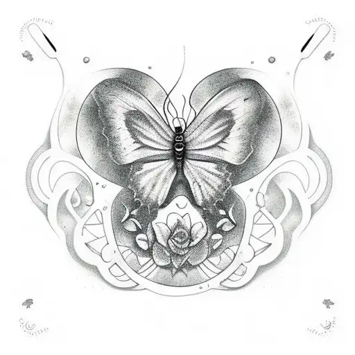 Create a realistic tattoo of a chill music playlist with the number 8 and a red butterfly as the cover art tattoo design idea