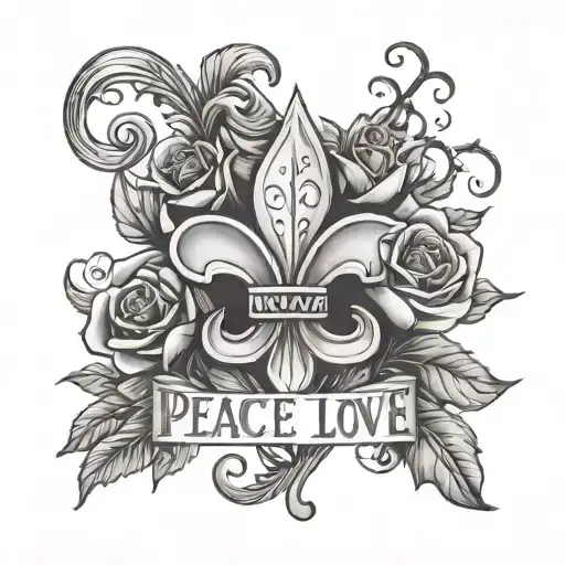 fluer de lis surrounded by roses with the words peace love and cajun  tattoo design idea