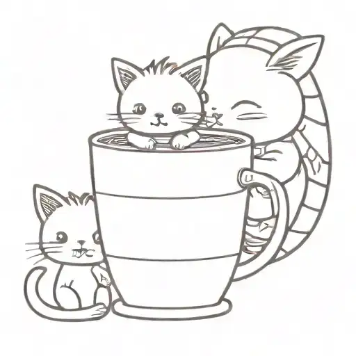 baby dragon with a cup of hot chocolate and baby cute cat with a winter hat tattoo design idea