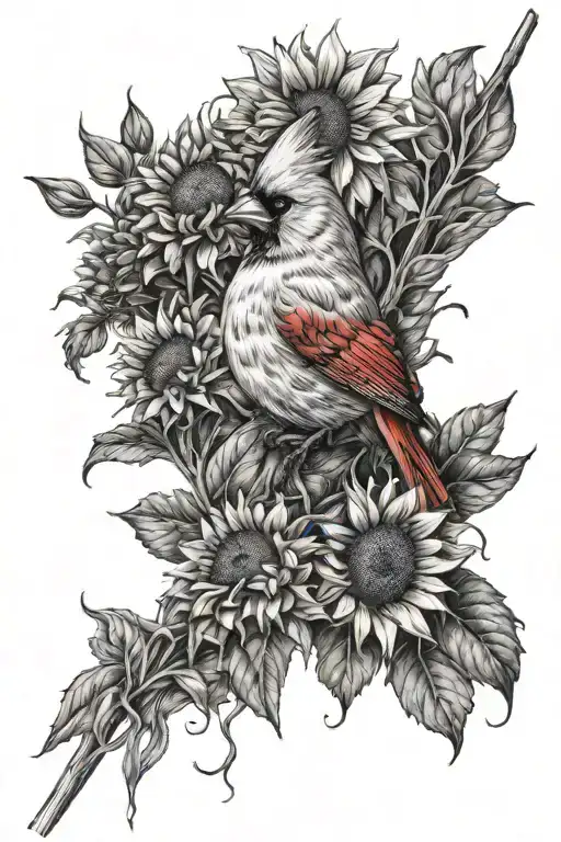 cardinal sitting in a bed of sunflowers wrapped tattoo design idea