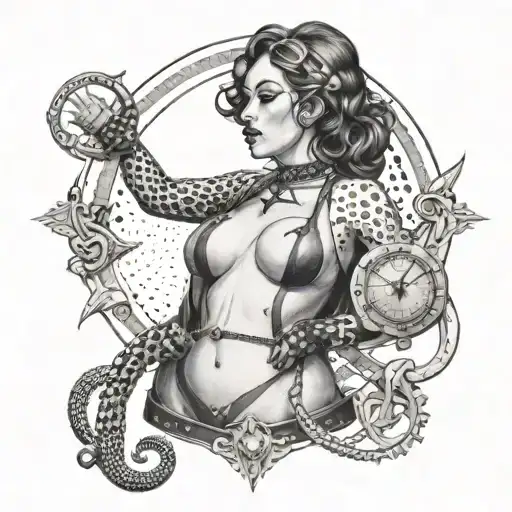A dotwork tattoo featuring a femdom figure in leather with a gape and nipple clamps tattoo design idea