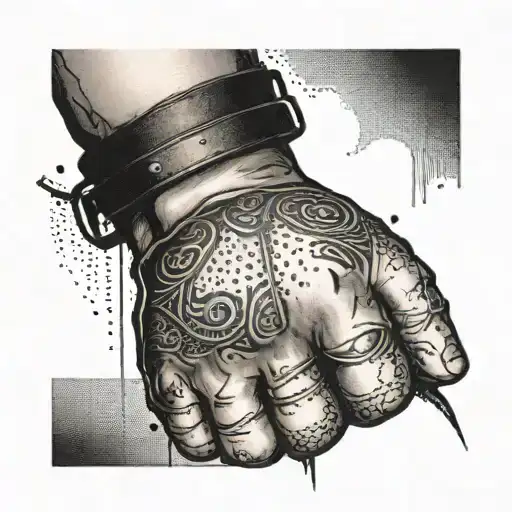 A dotwork tattoo of an asshole surrounded by leather straps and a fisting hand reaching towards it tattoo design idea