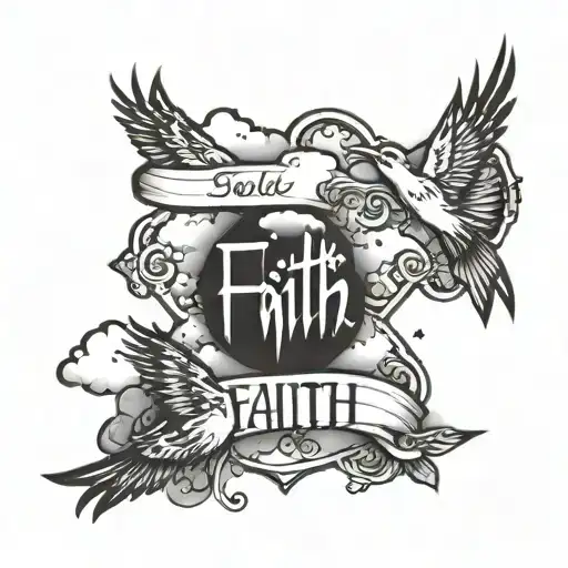 word faith with clouds and birds  and cross forearm  tattoo design idea