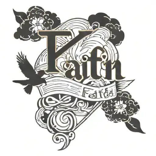 word faith with clouds and birds flying and cross forearm  tattoo design idea