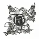 word faith with clouds and birds  and cross forearm  tattoo design idea