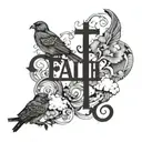 word faith with clouds and birds  and cross forearm  tattoo design idea
